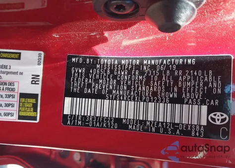 2020 Toyota Corolla Se from USA, damaged, VIN 5YFS4RCEXLP012336